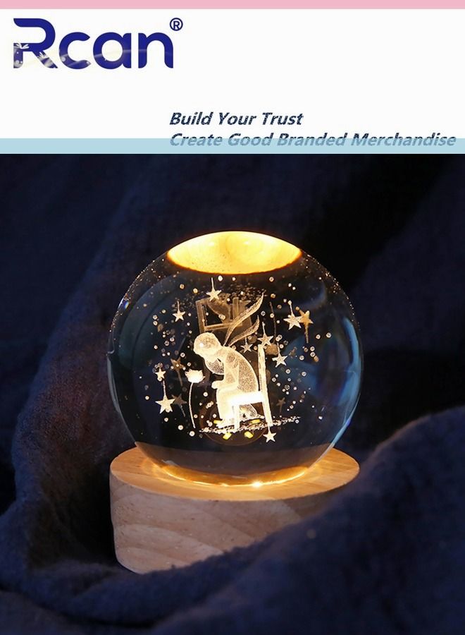 Rcan Rose And Little Prince 3D Crystal Ball Glass Luminous Night Lamp For Kids Women Commemorative Gifts Graduation Season Gifts Birthday Gifts Valentine's Day Gifts - Image 1