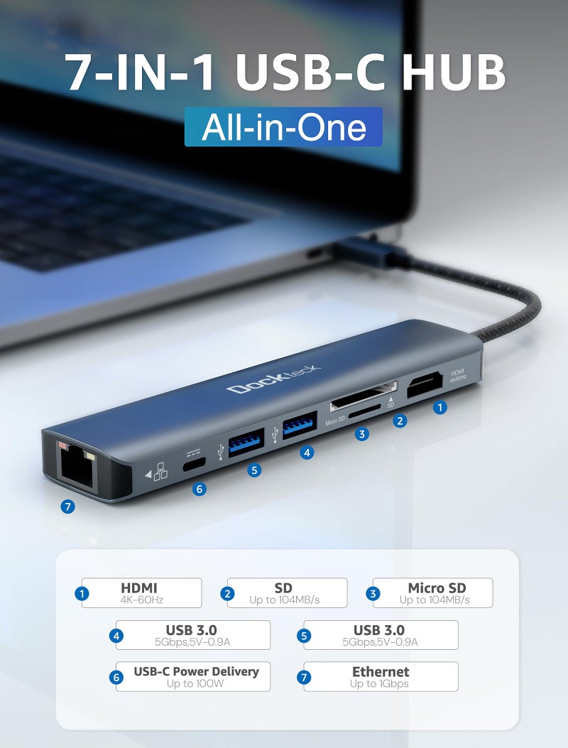 dockteck 7-in-1 USB C Hub with 4K 60Hz HDMI, 1Gbps Ethernet, 100W Power Delivery, SD/TF Card Slots, USB 3.0 Data Ports for MacBook, iPad Pro, XPS - Image 2