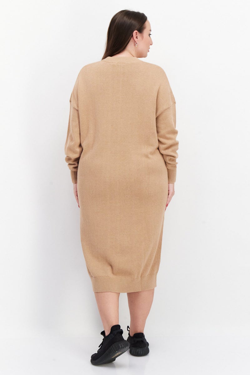 Lyle & Scott Women Brand Logo knitted Sweater Dress, Tan - Image 3