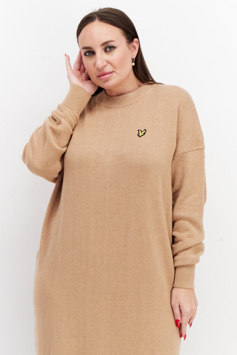Lyle & Scott Women Brand Logo knitted Sweater Dress, Tan - Image 4