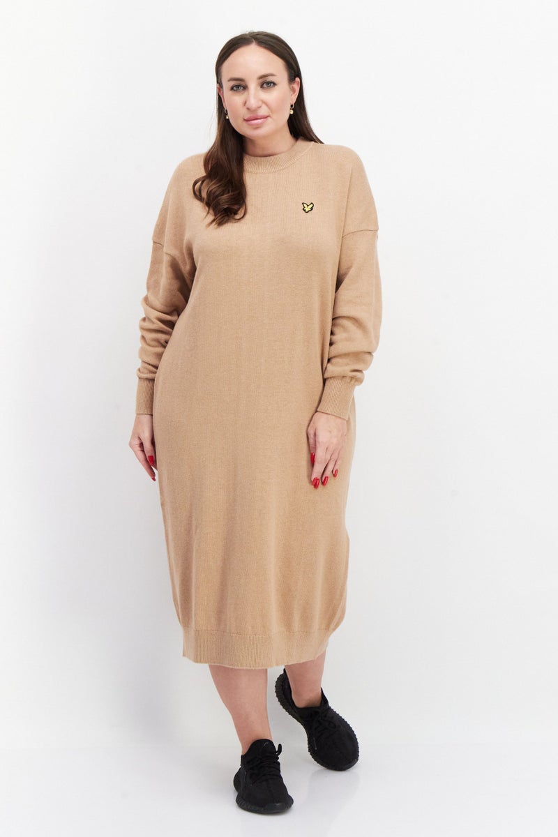 Lyle & Scott Women Brand Logo knitted Sweater Dress, Tan - Image 1