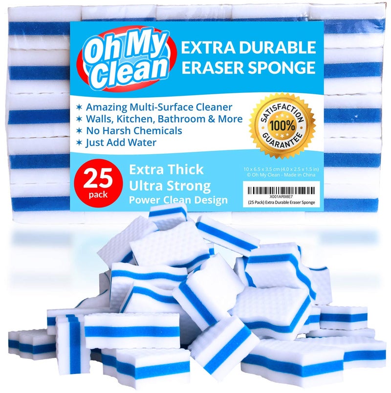 Oh My Clean (25 Pack) Extra Durable Eraser Sponge - Extra Thick, Long Lasting, Premium Melamine Sponges in Bulk - Multi-Purpose Power Scrubber - Bathroom, Kitchen, Floor, Bathtub, Toilet, Baseboard, Wall Cleaner - Image 1