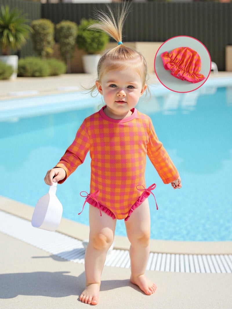 Kids Girl Swimsuits Plaid/Flower/Fruit Print Ruffles Rash Guard Swimwear and Swim Cap for Toddler Bathing Suits - Image 4