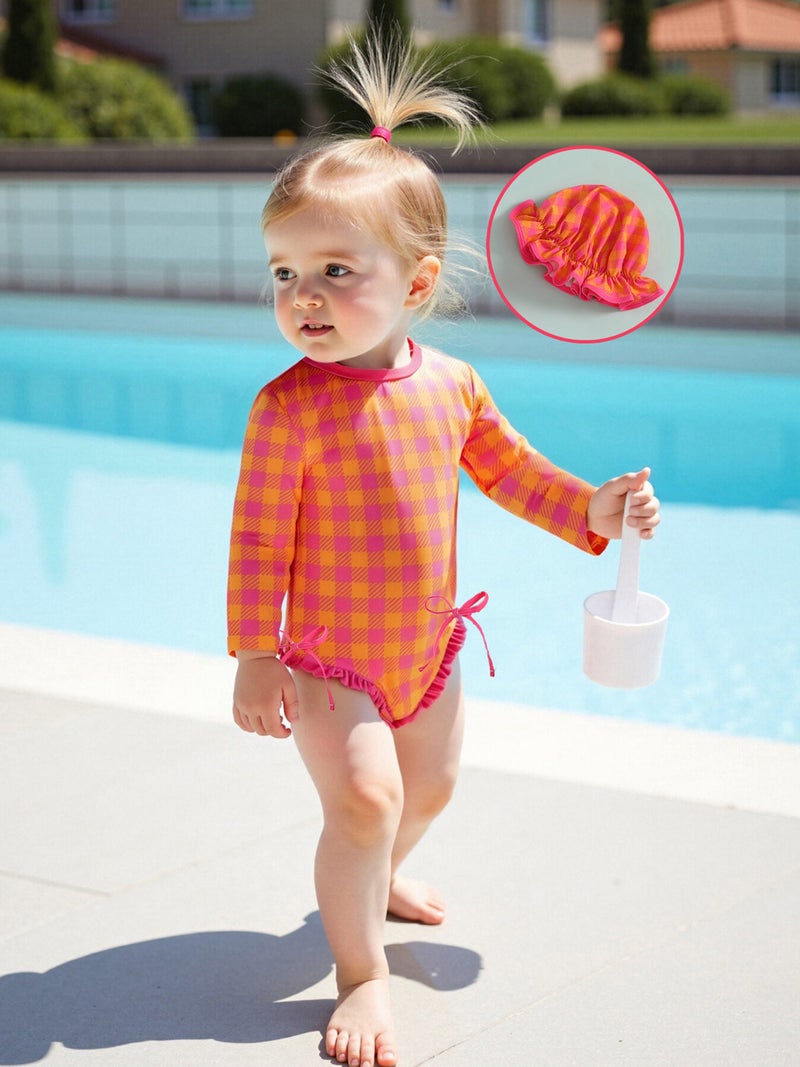 Kids Girl Swimsuits Plaid/Flower/Fruit Print Ruffles Rash Guard Swimwear and Swim Cap for Toddler Bathing Suits - Image 5