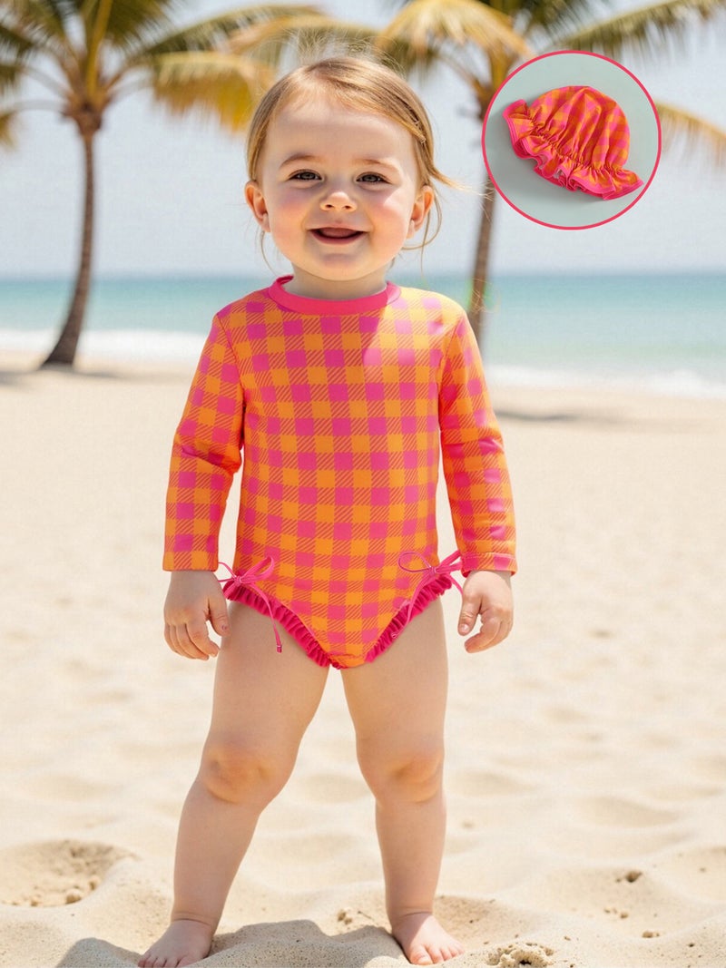 Kids Girl Swimsuits Plaid/Flower/Fruit Print Ruffles Rash Guard Swimwear and Swim Cap for Toddler Bathing Suits - Image 1