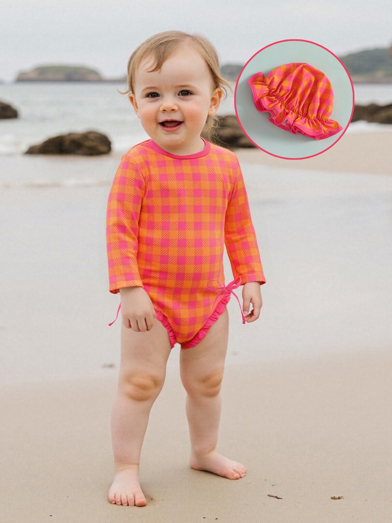 Kids Girl Swimsuits Plaid/Flower/Fruit Print Ruffles Rash Guard Swimwear and Swim Cap for Toddler Bathing Suits - Image 2