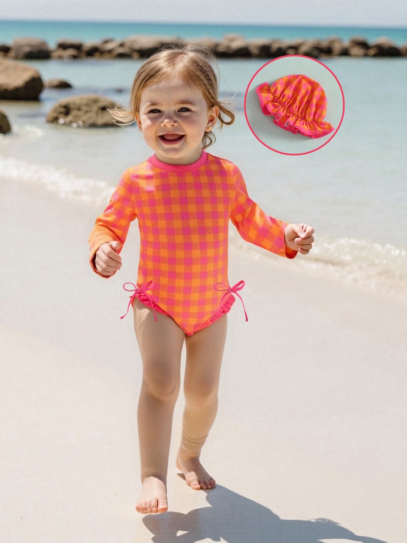 Kids Girl Swimsuits Plaid/Flower/Fruit Print Ruffles Rash Guard Swimwear and Swim Cap for Toddler Bathing Suits - Image 3
