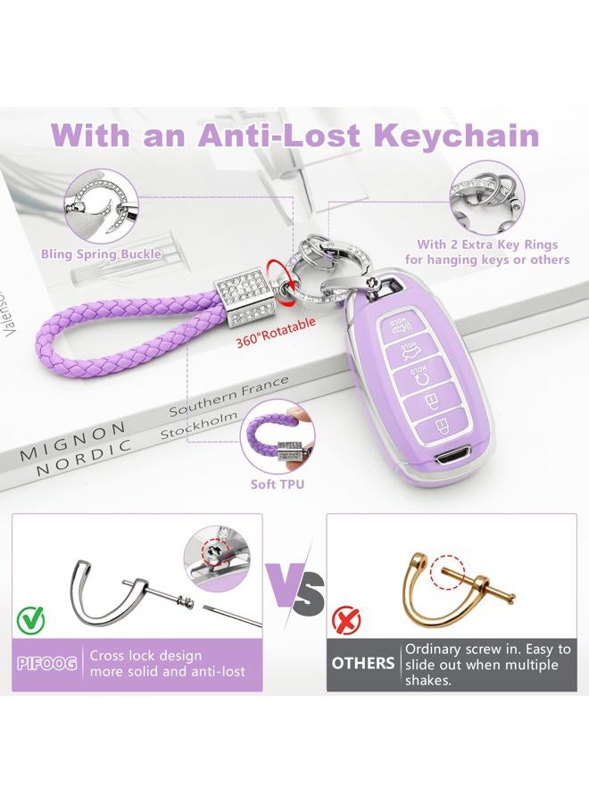 PIFOOG Elantra Key Fob Cover Fit for Hyundai 2023 2022 2021 Palisade 5 Button Car Keys Case Shell Protector Full Covers Bling Keychain Accessories Girly Women Cute TPU Purple - Image 4