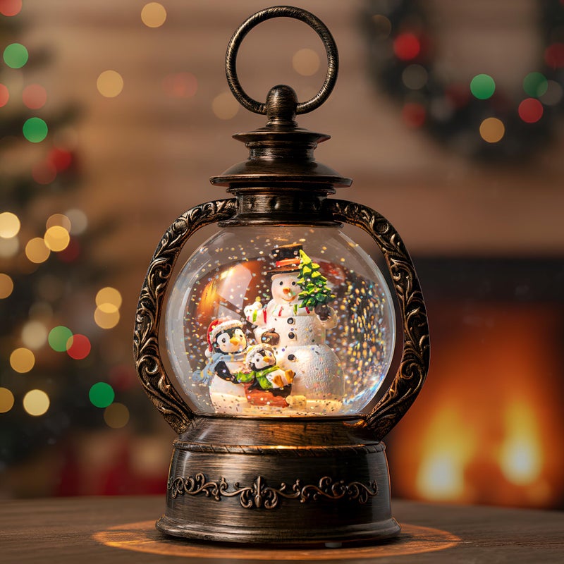 Musical Snow Globe Lantern Lighted Snowman with Penguins Christmas Snow Water Lantern Swirling Glittering Home Decoration and Gift Battery Operated or USB Powered
