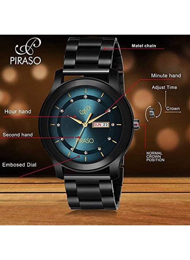 PIRASO Stainless Steel Classy Look Blue Dial And Black Chain Analog Watch For Men - Image 3