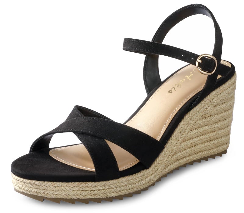 Ankis Wedge Sandals for Women, Black Espadrille Womens Wedge Sandals Comfortable Open Toe Ankle Strap High Heel Wedges for Women Dressy Summer -3.4Inch - Image 1