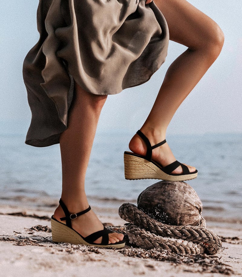 Ankis Wedge Sandals for Women, Black Espadrille Womens Wedge Sandals Comfortable Open Toe Ankle Strap High Heel Wedges for Women Dressy Summer -3.4Inch - Image 2