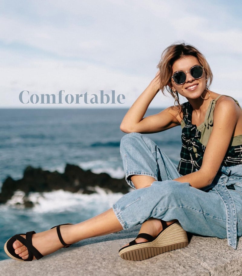 Ankis Wedge Sandals for Women, Black Espadrille Womens Wedge Sandals Comfortable Open Toe Ankle Strap High Heel Wedges for Women Dressy Summer -3.4Inch - Image 3