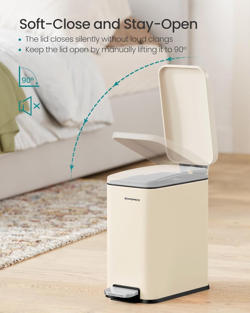 SONGMICS سلة مهملات الحمام من سونغميكس، سعة 1.3 جالون (5 ل) سلة مهملات صغيرة مع غطاء، نحيفة للمساحات الصغيرة، سلة قمامة من الفولاذ المقاوم للصدأ، إغلاق ناعم، بيج رملي - Image 4