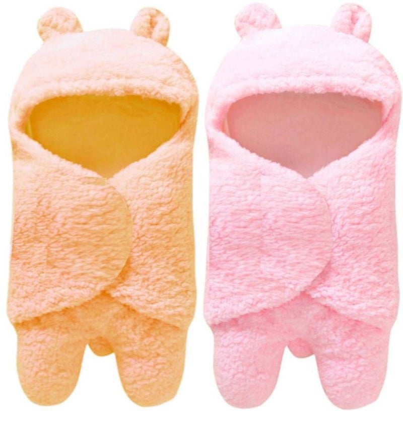 First Kick Baby Blankets New Born Combo Pack of Hooded Supersoft Wearable Wrapper Durable Polyester Cum Baby Sleeping Bag for Babies 70 cm x 76 cm 06 Months Combo of 2 Peach Pink