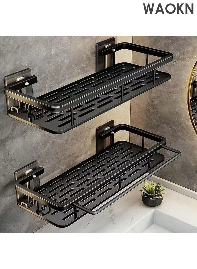 دبليو أيه أو كي أن رف تخزين حمام فائق القوة اللاصق ، رف تخزين دش من قطعتين ، رف سلة دش حمام غير مثقوبة ، رف دش مقاوم للصدأ والماء ، جانب مع خطائف ، مع رف منشفة ، رف تخزين كبير السعة ، مناسب للحمامات والمطبخات (أسود). - Image 1