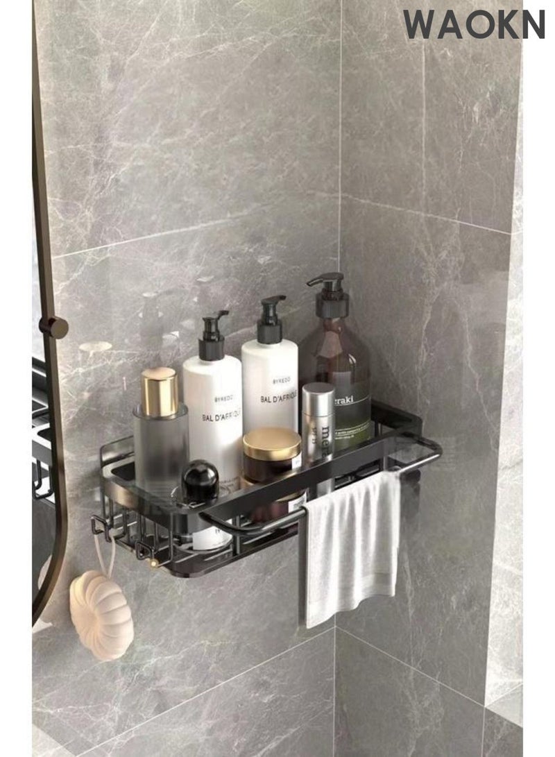 دبليو أيه أو كي أن رف تخزين حمام فائق القوة اللاصق ، رف تخزين دش من قطعتين ، رف سلة دش حمام غير مثقوبة ، رف دش مقاوم للصدأ والماء ، جانب مع خطائف ، مع رف منشفة ، رف تخزين كبير السعة ، مناسب للحمامات والمطبخات (أسود). - Image 4