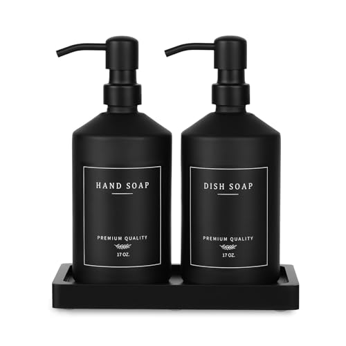 eggs sound Matte Black Soap Dispenser Set, 17 OZ Hand and Dish Soap Dispenser Set, Bathroom Refillable Soap and Lotion Dispenser Set with Stainless Pump, Modern Liquid Soap Bottle Set(Black Bottle/Black Pump) - Image 1