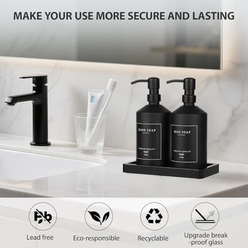 eggs sound Matte Black Soap Dispenser Set, 17 OZ Hand and Dish Soap Dispenser Set, Bathroom Refillable Soap and Lotion Dispenser Set with Stainless Pump, Modern Liquid Soap Bottle Set(Black Bottle/Black Pump) - Image 5