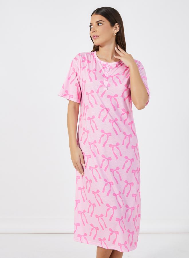 Styli Styli Bow Print Button Placket Sleep T-Shirt Dress - Image 1