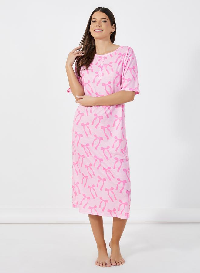 Styli Styli Bow Print Button Placket Sleep T-Shirt Dress - Image 2