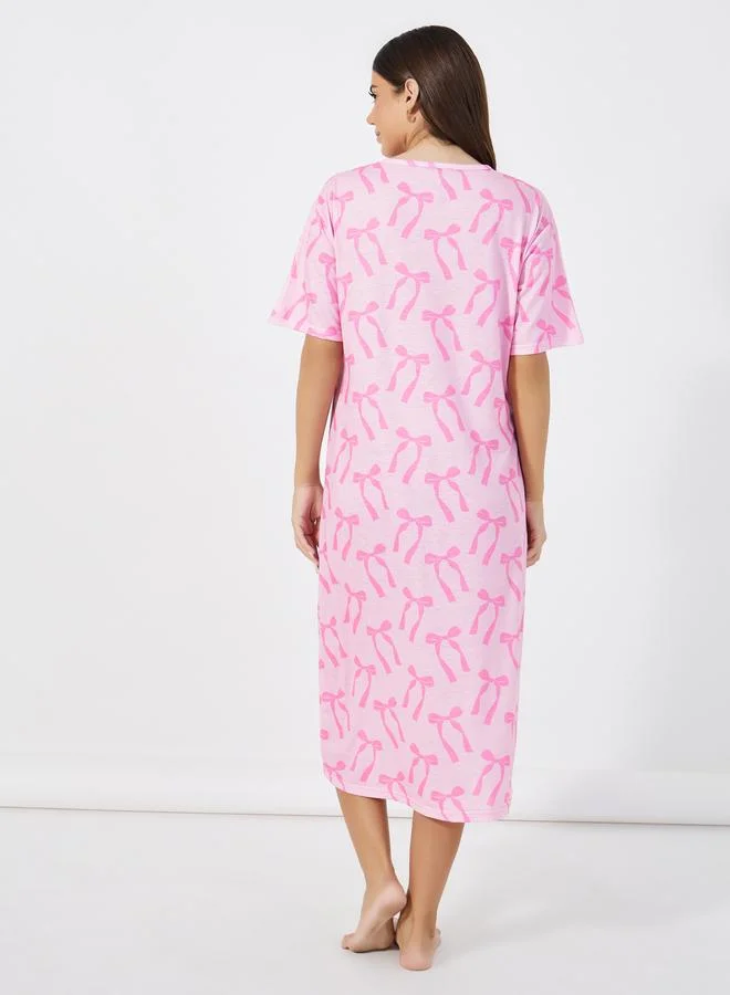 Styli Styli Bow Print Button Placket Sleep T-Shirt Dress
