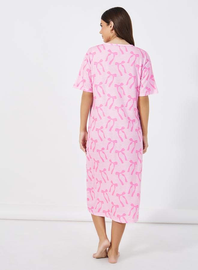 Styli Styli Bow Print Button Placket Sleep T-Shirt Dress - Image 4