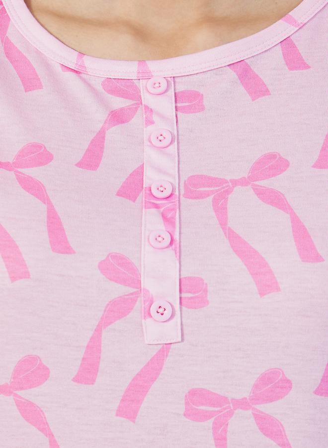 Styli Styli Bow Print Button Placket Sleep T-Shirt Dress - Image 3