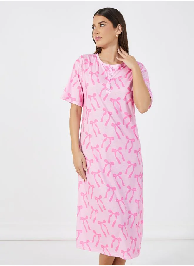 Styli Bow Print Button Placket Sleep T-Shirt Dress