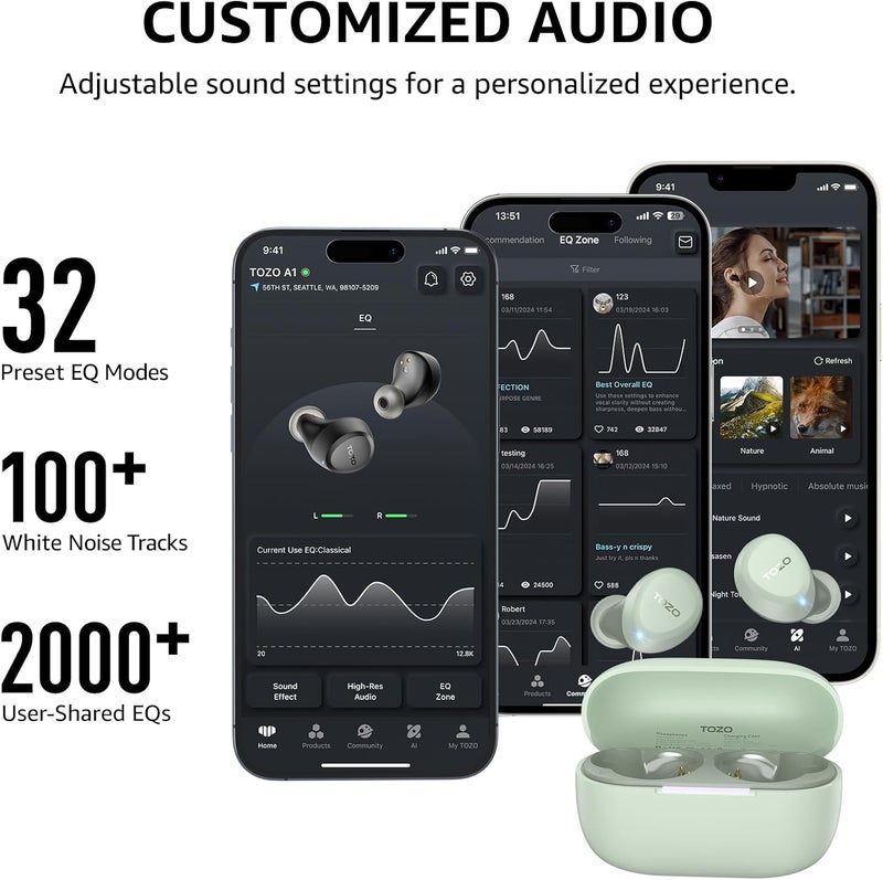 TOZO A1 Mini Wireless Earbuds Bluetooth 5.3 - Lightweight, IPX5 Waterproof, Built-in Microphone, Green - Image 5