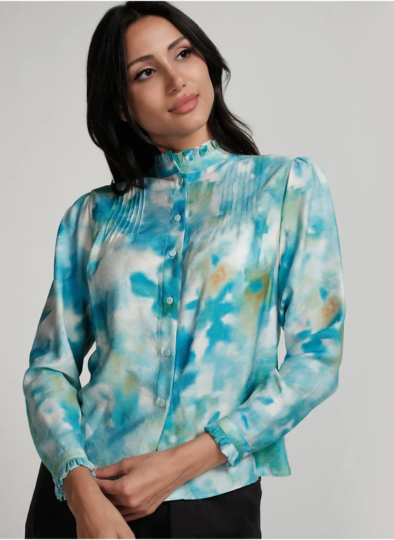 Zigzag Pintuck Detailed Shaded Blue Printed Top