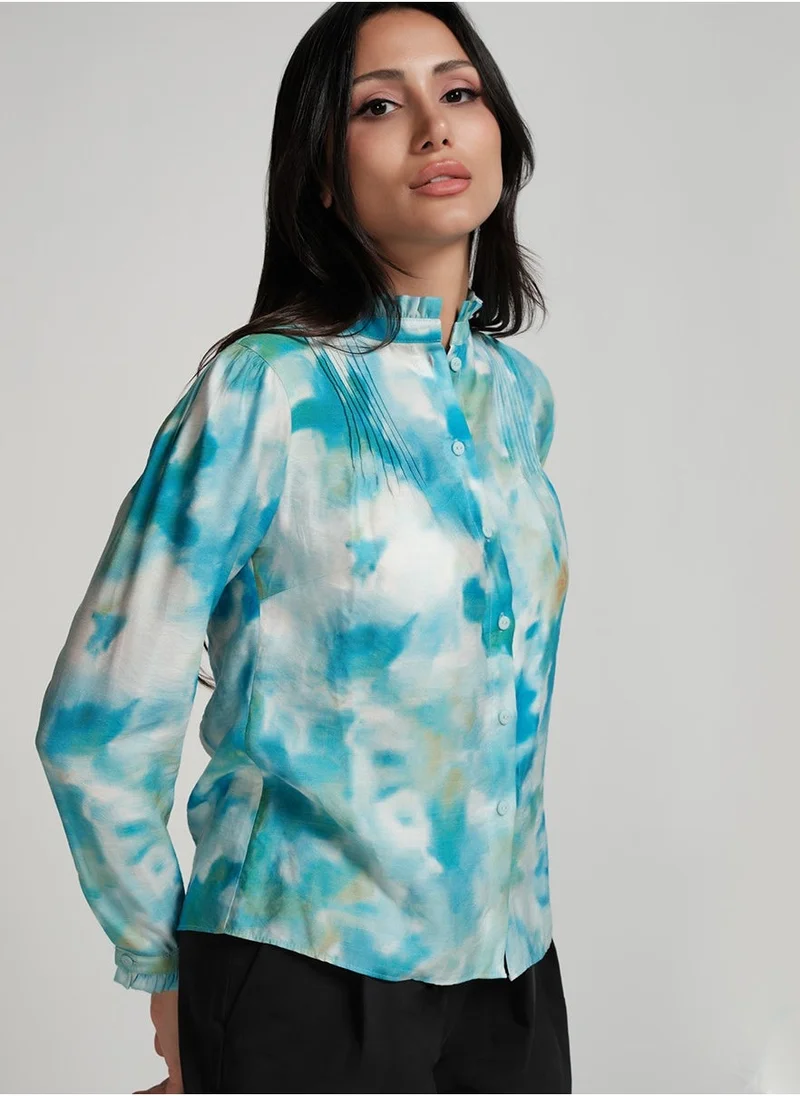 Zigzag Pintuck Detailed Shaded Blue Printed Top