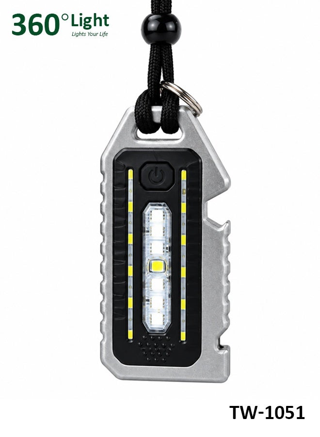 360 Light TW-1051 COB Rechargeable Keychain Light, Portable Work Torch with White Beam, Floodlight, Red Blue Flashing, Magnetic Back, Bottle Opener, Whistle and Screwdriver Function for Camping, Hiking, Auto Repairs, Home and Emergency Lighting - Image 1
