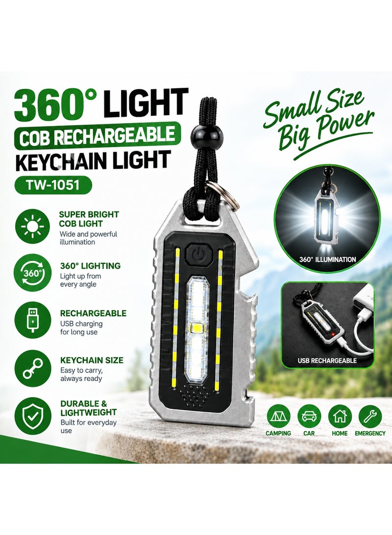 360 Light TW-1051 COB Rechargeable Keychain Light, Portable Work Torch with White Beam, Floodlight, Red Blue Flashing, Magnetic Back, Bottle Opener, Whistle and Screwdriver Function for Camping, Hiking, Auto Repairs, Home and Emergency Lighting - Image 2