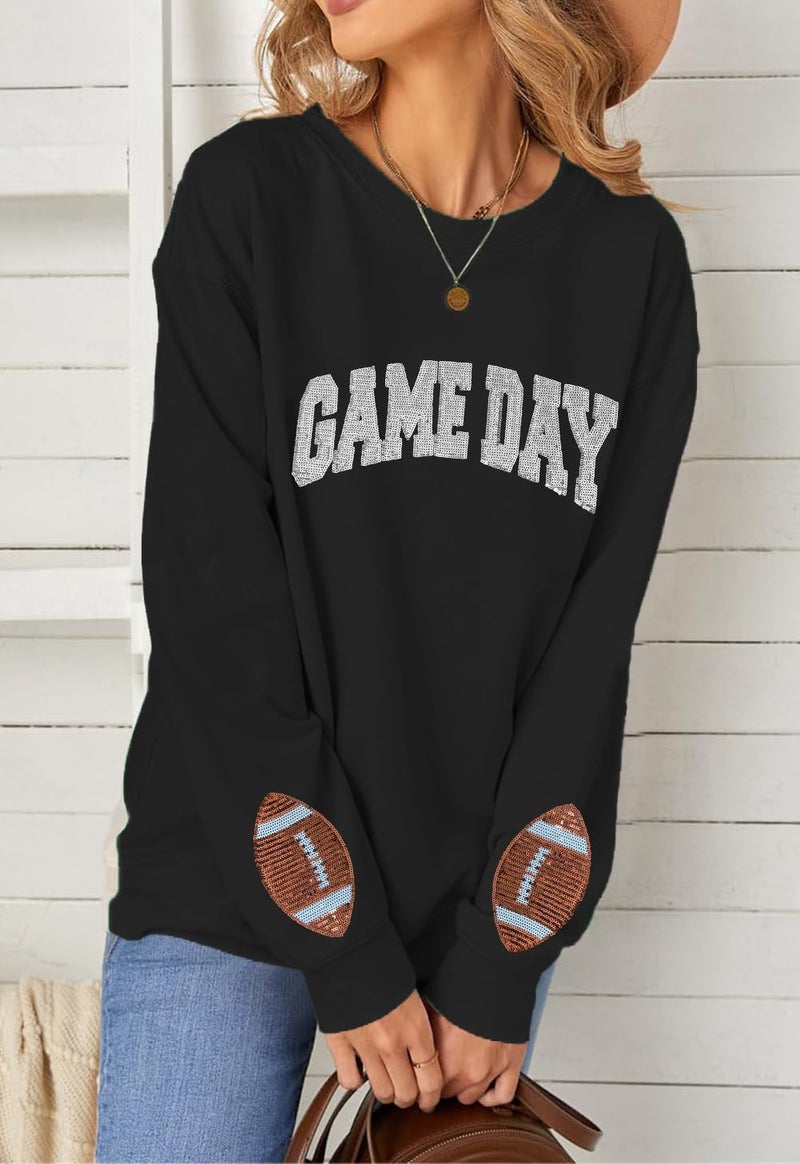 BEIDEFY Game Day Sweatshirt for Women Sequin Football Long Sleeve Shirt Crew Neck Sunday Funday Pullover Tops Black - Image 2