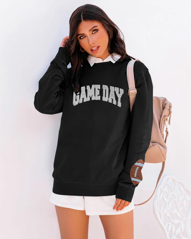 BEIDEFY Game Day Sweatshirt for Women Sequin Football Long Sleeve Shirt Crew Neck Sunday Funday Pullover Tops Black - Image 3