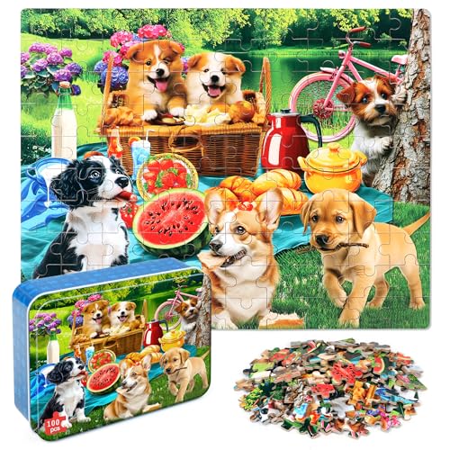 LELEMON Puzzles for Kids Ages 46Dogs 100 Piece Puzzles for Kids Ages 48 in a Metal BoxEducational Jigsaw Puzzles 100 Piece Puzzle Games Puzzle Toys for Girls and Boys - Image 1