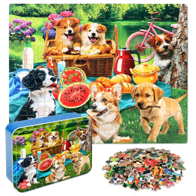 LELEMON Puzzles for Kids Ages 46Dogs 100 Piece Puzzles for Kids Ages 48 in a Metal BoxEducational Jigsaw Puzzles 100 Piece Puzzle Games Puzzle Toys for Girls and Boys - Image 3