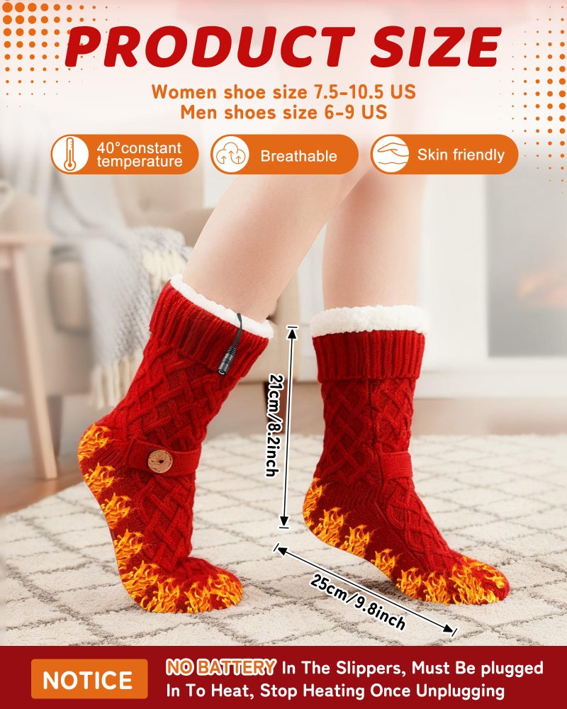 Chicingyou Electric Heated Fleece Socks for Men Women, Winter USB Heating Pad Knitted Socks Foot Heater Anti-Slip Thermal Indoor Footwear Foot Warmer Fit for Women's 5-10 Men's 4-8(Button,Red) - Image 2