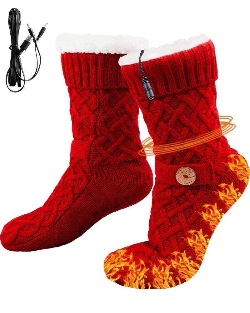 Chicingyou Electric Heated Fleece Socks for Men Women, Winter USB Heating Pad Knitted Socks Foot Heater Anti-Slip Thermal Indoor Footwear Foot Warmer Fit for Women's 5-10 Men's 4-8(Button,Red) - Image 1