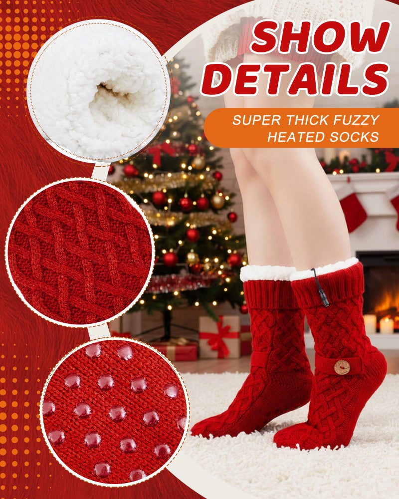 Chicingyou Electric Heated Fleece Socks for Men Women, Winter USB Heating Pad Knitted Socks Foot Heater Anti-Slip Thermal Indoor Footwear Foot Warmer Fit for Women's 5-10 Men's 4-8(Button,Red) - Image 5