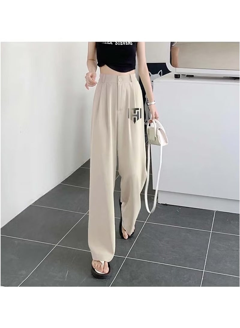 Huitich Women’s Ice Silk Wide-Leg Pants – High Waist, Loose Fit – Beige Size XL  - Image 5