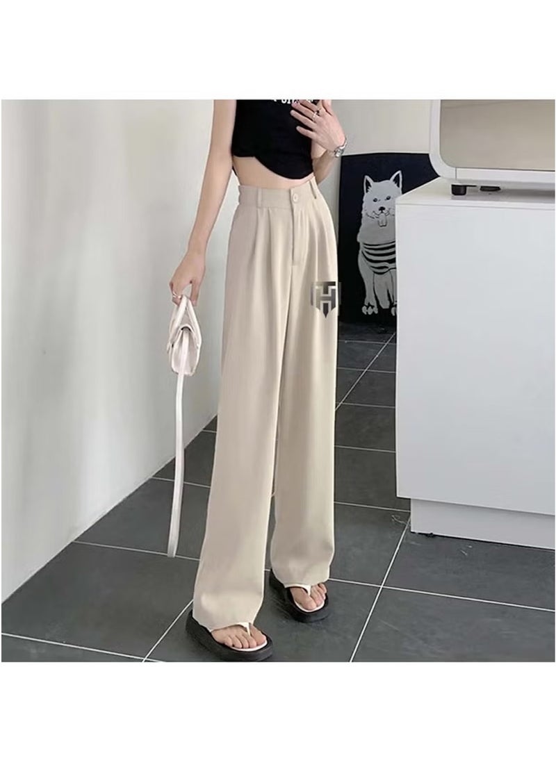 Huitich Women’s Ice Silk Wide-Leg Pants – High Waist, Loose Fit – Beige Size XL  - Image 4