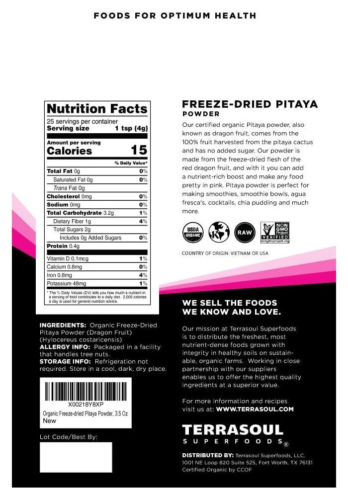 Terrasoul Superfoods Organic Freeze-Dried Pitaya Powder (Dragonfruit), 3.5 Oz - Nutrient-Dense Superfood with Antioxidants and Vitamin C - Image 2