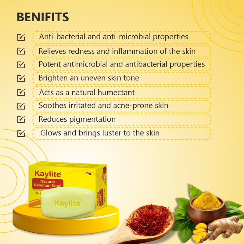 Kaylite Natural Kanchan Soap Turmeric and Kesar Soap, Smooth Skin,Deep Cleansing, Sensitive Skin Formula for Suitable for All Skin Types- Women & Men | 225 G (Pack of 3) - Image 4