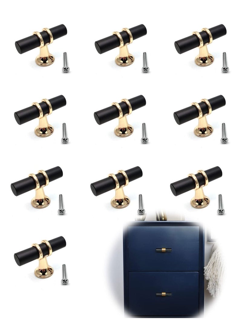 10 Pack Matte Knobs Black Gold Cabinet Pulls, Kitchen Cabinet Knobs T Bar Pull Drawer Knob, Modern Bedroom Furniture Bar Dresser Drawer Single Hole Knobs, Zinc Alloy Base - Image 1