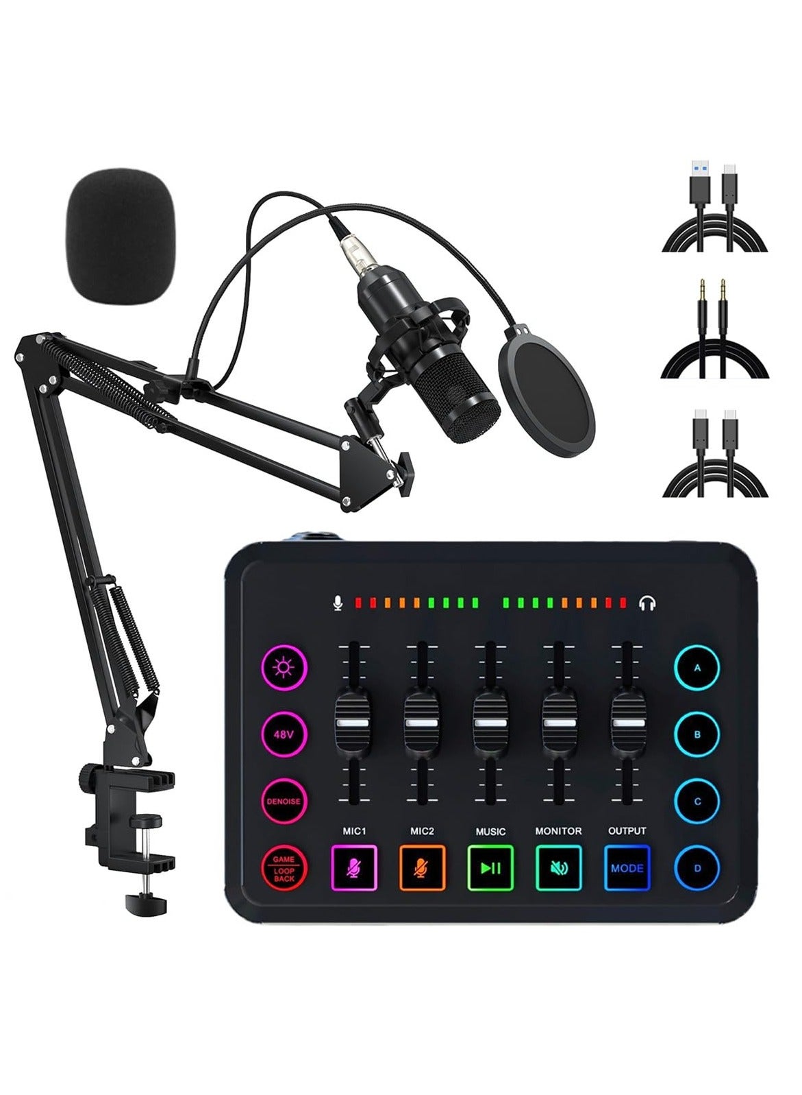Podcast Equipment Bundle, Audio Mixer DJ Device, All-in-One Live Sound Card with Microphone, for Podcast Recording, PC, Smartphone, YouTube, TikTok Live Streaming ,Black Microphone Set