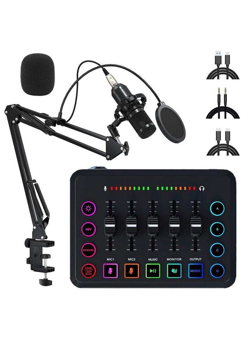 XiuWoo Podcast Equipment Bundle, Audio Mixer DJ Device, All-in-One Live Sound Card with Microphone, for Podcast Recording, PC, Smartphone, YouTube, TikTok Live Streaming ,Black Microphone Set  - Image 1