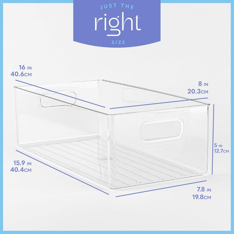 PrimeBox Plastic Food Storage 2 Pack Clear Container Bin with Handles for Organizing Kitchen, Pantry, Refrigerator, Freezer, Pantry, Cabinet, Closet, Bathroom. 16”x8”x5” - Image 3