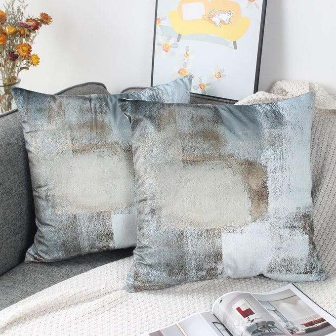 SET OF 2 DECORATIVE CUSHION COVERS 50 X 50 CM ABSTRACT ART DECOR PILLOW CASE VELVET BROWN GREY CUSHION COVER 20X20 INCHES FOR OUTDOOR PATIO GARDEN BLENCH LIVING ROOM SOFA FARMHOUSE DECOR